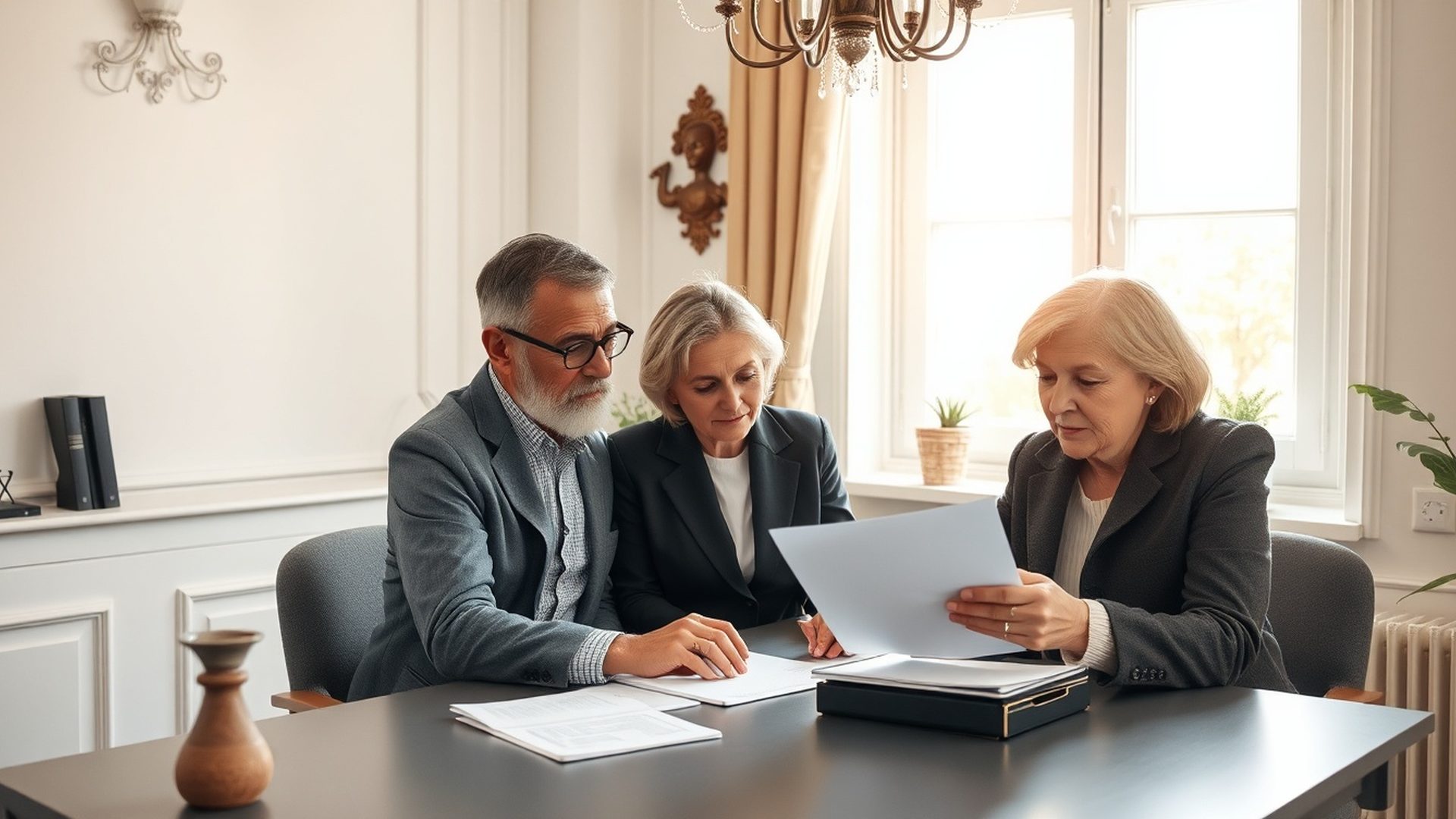 Pár středního věku prochází finanční dokumenty u pracovního stolu
